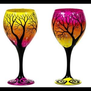 Pink and yellow painted tree wine glasses
